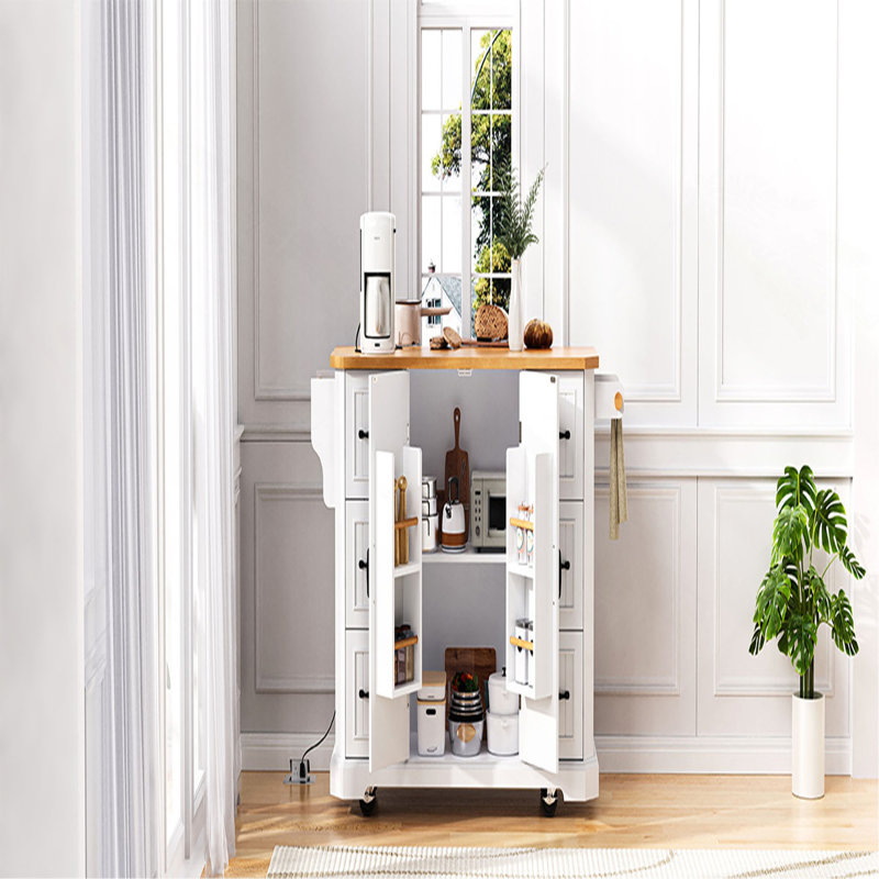 Îlot de cuisine de 56 po avec abattant en placage de bois d'hévéa, prise de courant, 4 tablettes de porte, chariot de cuisine à rayures verticales en relief sur 4 roues avec 6 tiroirs profonds pour la cuisine, la salle à manger