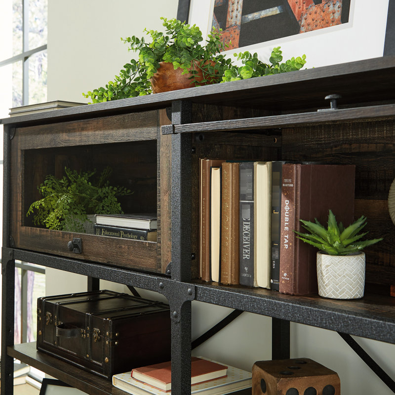 Bois d'ingénierie brun de conception industrielle, 3 tablettes horizontales réglables, portes en verre trempé encadrées pour le bureau, étagère à finition ouverte avec finition de bureau avec look, bois, tablettes réglables,