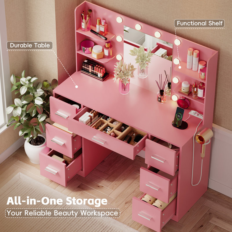 Ragin Makeup Vanity With Usb Power Outlet And 3 Modes Adjustable Brightness Light, Light Pink