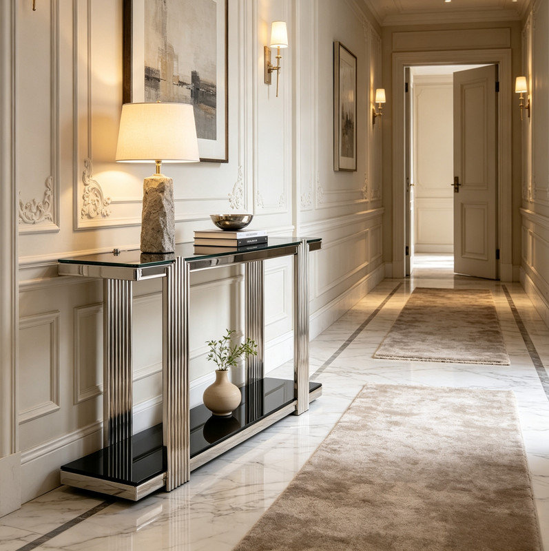 Console minimaliste en verre noir avec cadre miroir argenté, idéale pour l'entrée du salon.