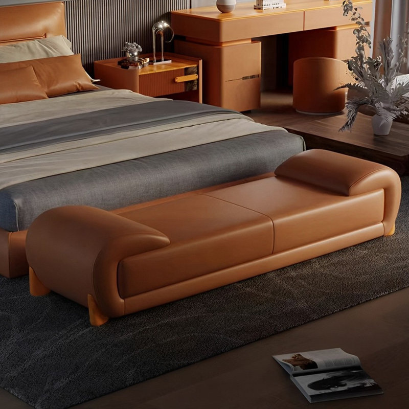 Banc rembourré en cuir véritable Sharella, H 17,71 po x l 70,86 po x P 19,68 po, Orange