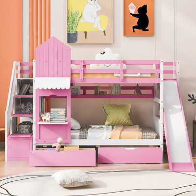 Lit simple superposé simple avec glissière, 2 tiroirs et 3 tablettes, lit pour enfant rose