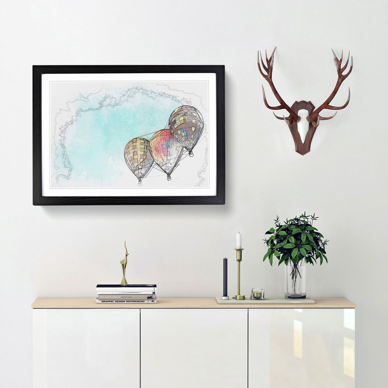 A Trio of Hot Air Balloons in Abstract - Framed Print, Black Framed, 48cm H x 65cm W x 2cm D