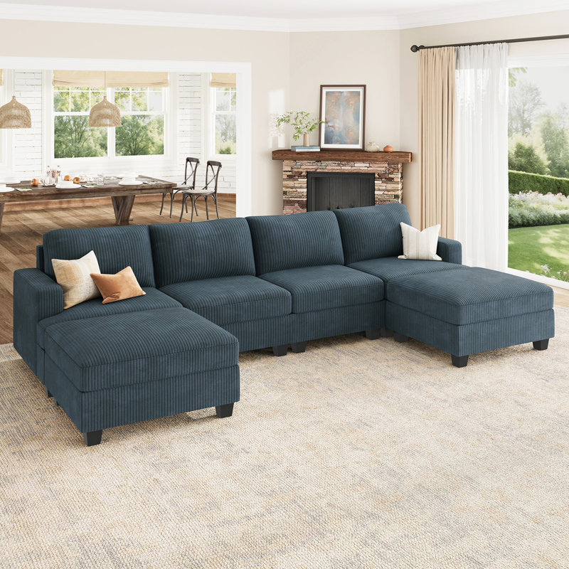 Canapé modulaire en U avec rangement Anureet, Velours côtelé bleu, H 35 po x l 120,6 po x P 60,7 po, Non