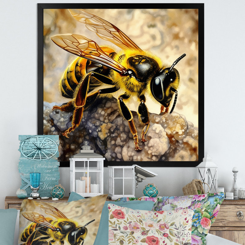 Floral Bee III, reproduction d'art sur toile, H 24 po x l 24 po x P 1 po, Cadre flottant noir