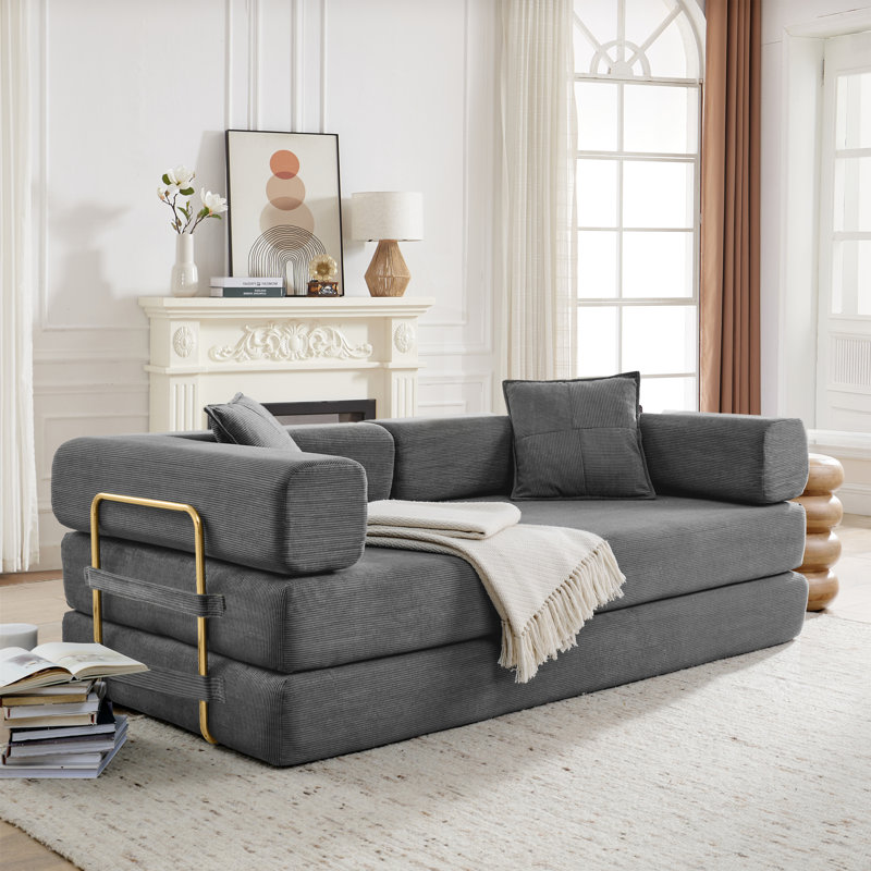Boneless 76.77" Convertible Floor Compression Sofa Bed, 3-Seat Chenille Futon Couch with Pillow Back Support & Armrest, Foam Frameless Sleeper Sofa for Living Room Bedroom