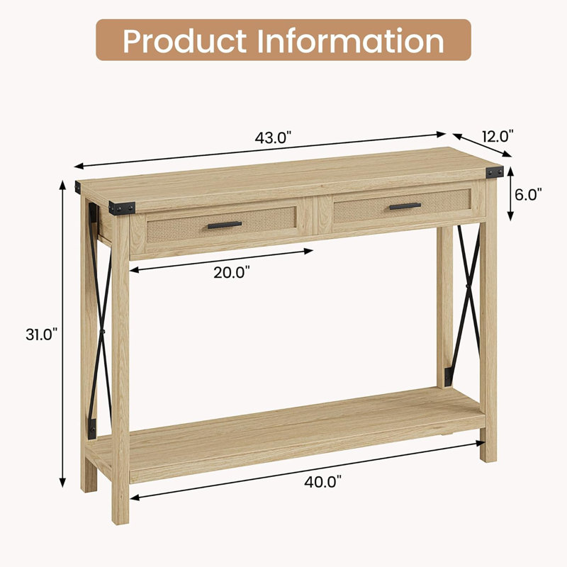 43" Boho Entryway Table With Rattan Drawers, Rustic Wood Console Table With Storage For Living Room, Hallway, Foyer, Natural