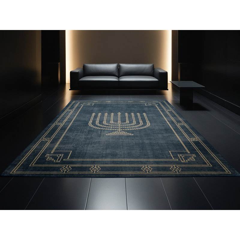 Machine Washable Hartsdale Hanukkah Modern & Contemporary Abstract Rug in Blue – Navy Binding, 5x8
