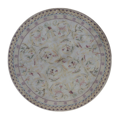 Hand-Knotted High-Quality Ivory and Red Round Area Rug
