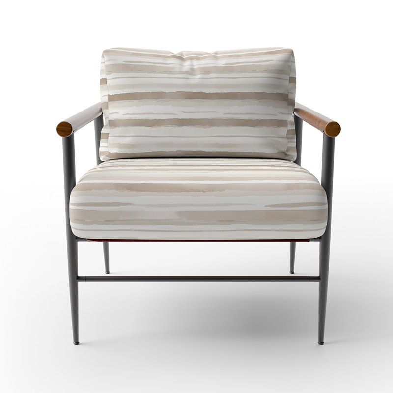 Chaise d'appoint moderne - Fauteuil beige et blanc en lin doux, Bras ronds bruns