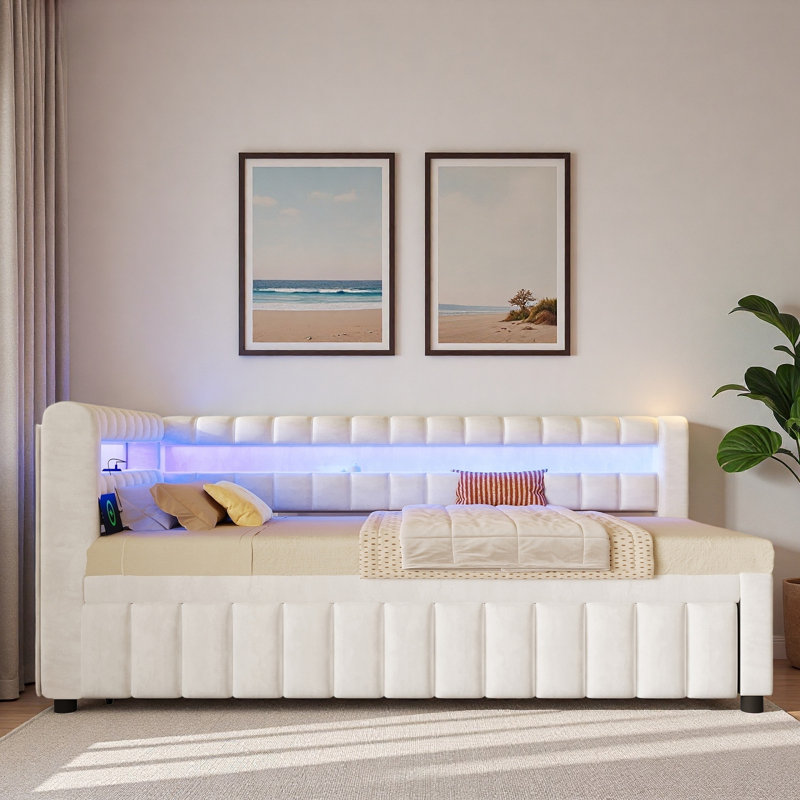 Upholstered Daybed With Led Lights, Usb Ports And Pull Out Trundle Bed, Blanc