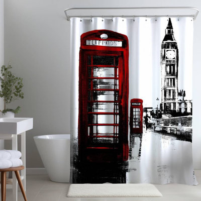 Industrial – London Big Ben & Telephone Box – Polyester Shower Curtain, Dye Sublimation Print, 71" W × 74" L