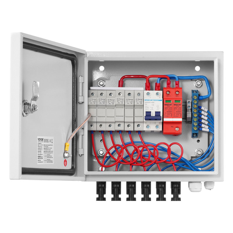 Boîte de combinaison PV, 6 cordes, boîte de combinaison solaire avec fusible à intensité nominale de 10 A, disjoncteur 63 A et connecteur solaire, boîtier en acier pour système de panneau solaire marche / arrêt, IP65