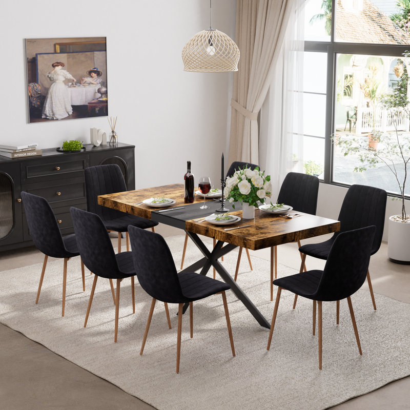 Extendable Dining Table Set with Velvet Chairs, 29.92”H x 55.11”L x 31.49”W, 9, Green/Black