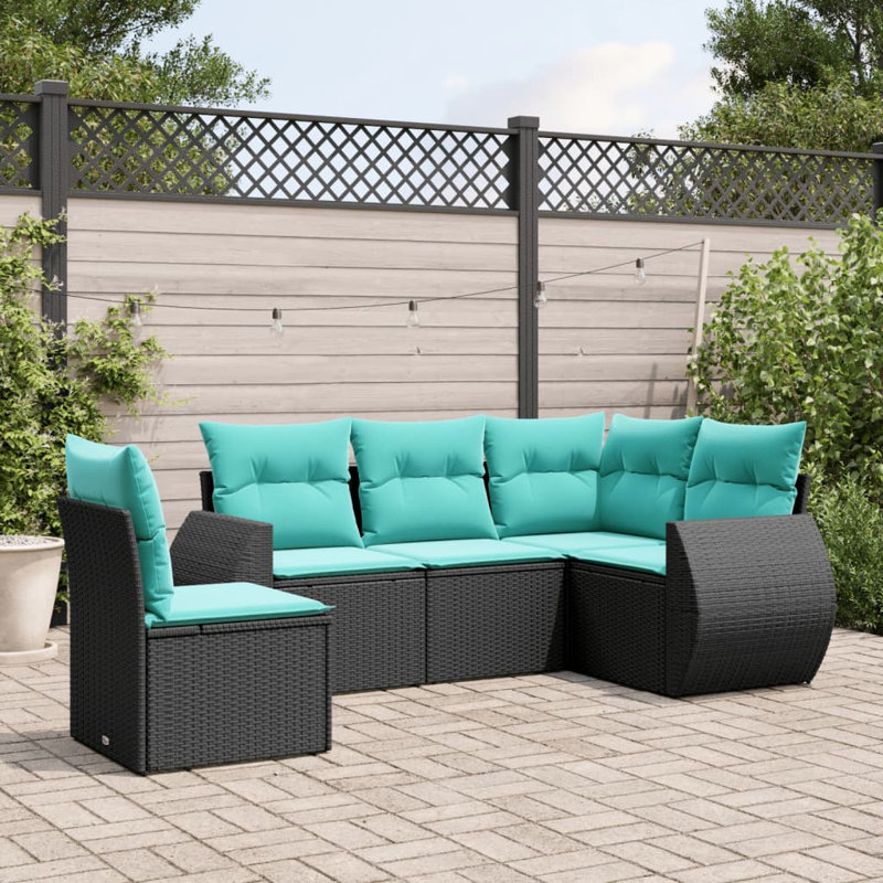  Ensemble de canapé de patio 5 pièces avec coussins en rotin de polyester noir