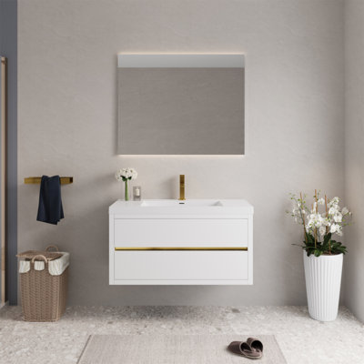 Meuble-lavabo mural de 42 po avec lavabo, meuble de rangement flottant avec comptoir en résine de pierre et tiroirs à fermeture en douceur entièrement assemblés, blanc brillant 24V15-42GW-W1920P414543