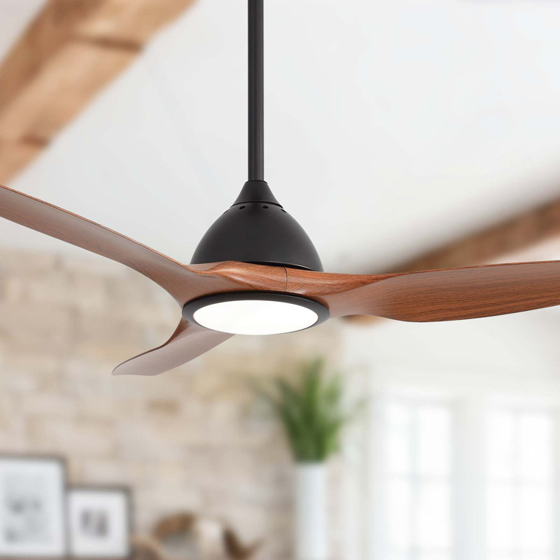 Ventilateur de plafond intelligent moderne 52 po - noir mat et grain de bois, avec lumière DEL à 3 couleurs à intensité variable (fonction de mémoire), télécommande, moteur à courant continu réversible silencieux