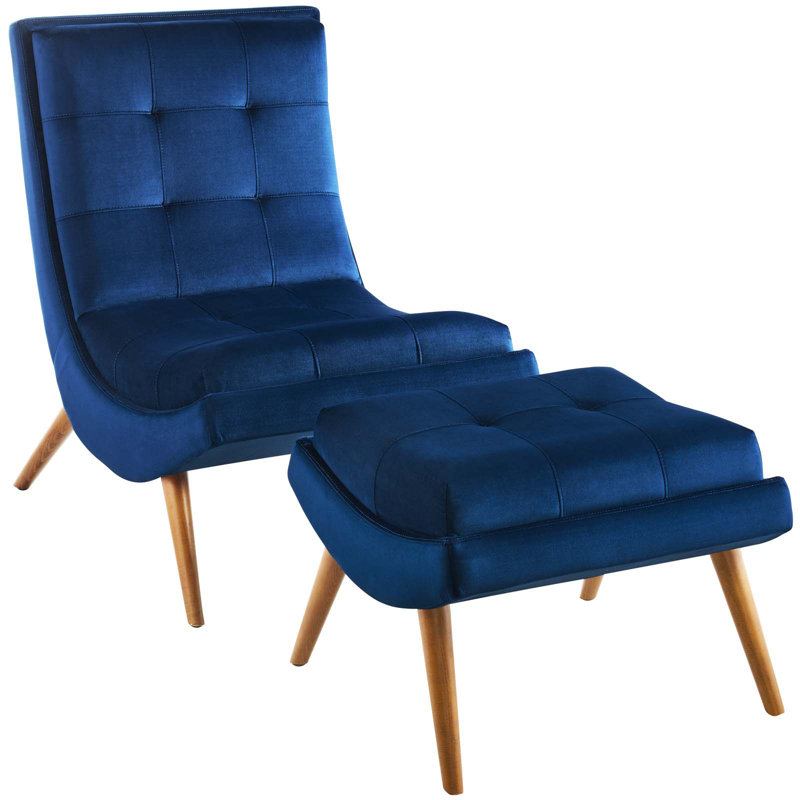 Navy Velvet Tufted Lounge Chair and Ottoman Set