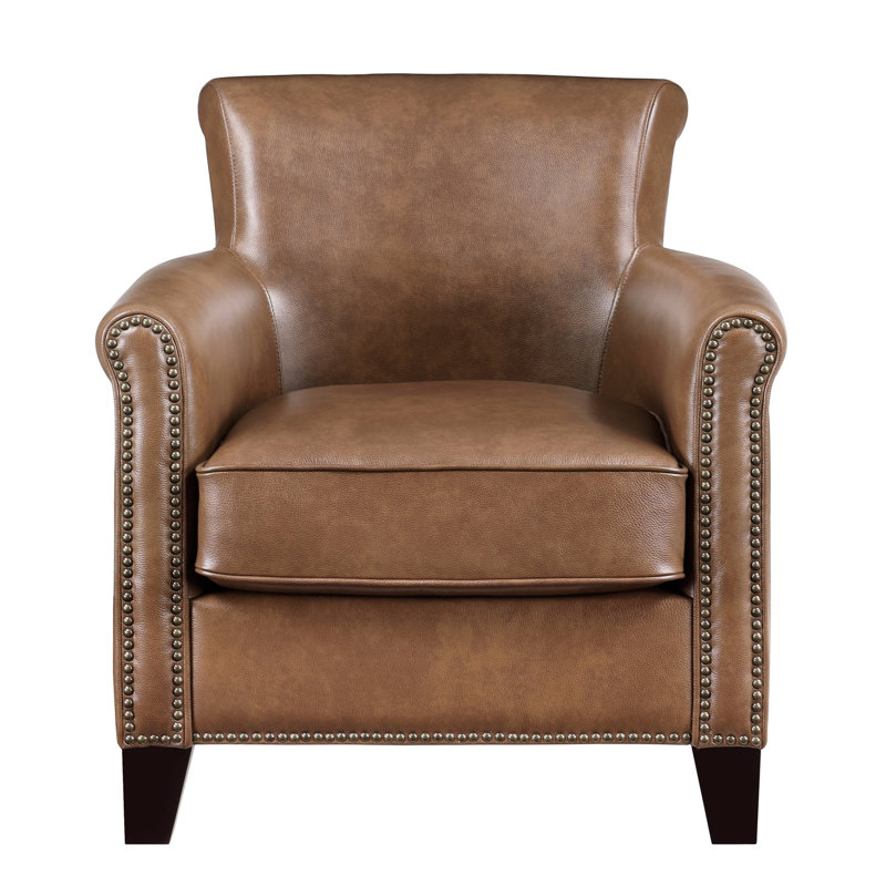 Fauteuil d'appoint en cuir brun avec ressorts ensachés, structure en bois massif et coussin de soutien spacieux, Brun