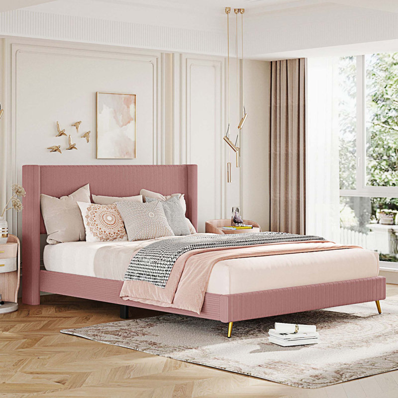 Grand lit plateforme tapissier Daventry, Rose 2