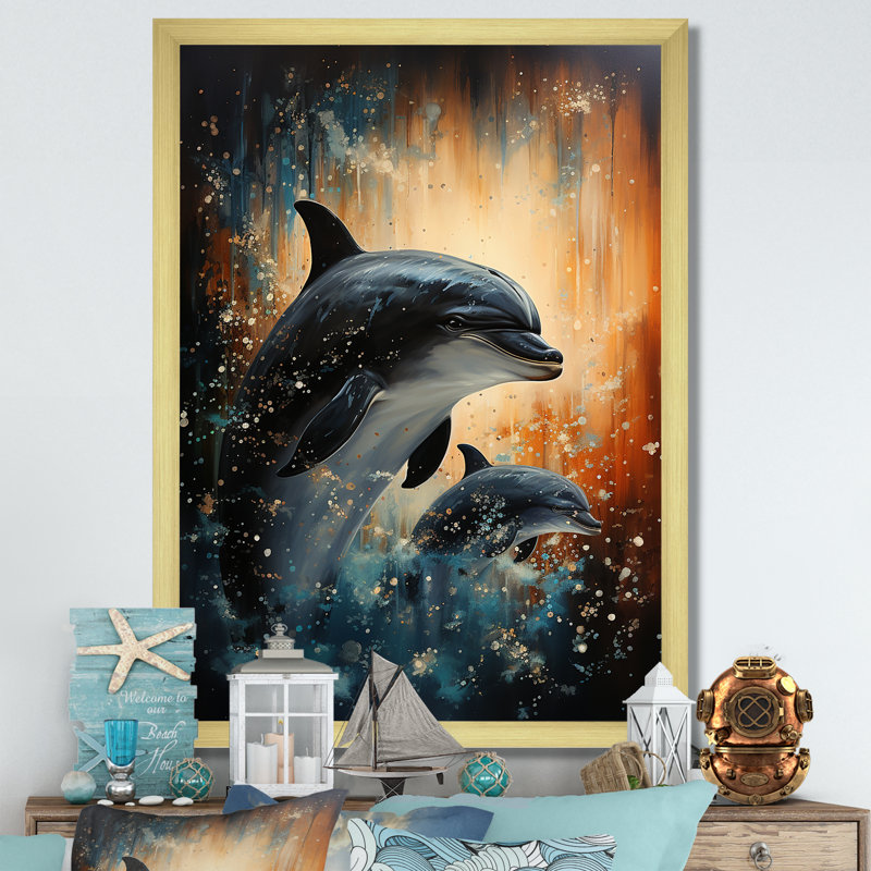 «Dolphin Mystic Encounters II», reproduction sur toile, H 32 po x l 16 po x P 1 po, Cadre doré simple