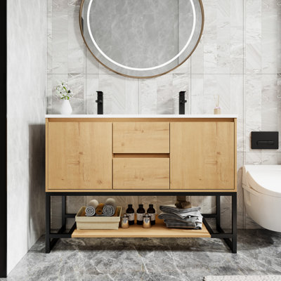 48" Double Sink Bathroom Vanity with Resin Top, Faucet, Open Shelf, Metal Frame