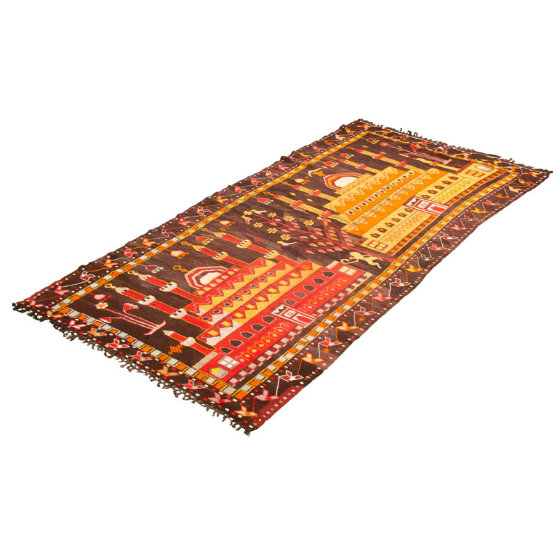 Tapis décoratif en laine de conception unique noué à la main des années 1980 5 pi 4 po x 11 pi 1 po Cvetelina