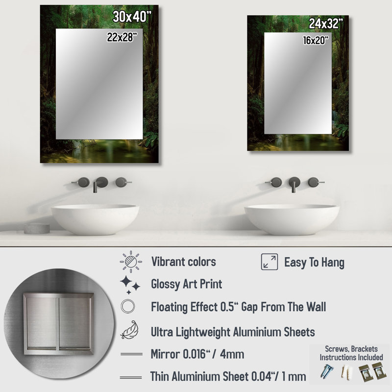 «Waterfall In Dense Forest I», miroir mural unique, impression sur métal, 32 po x 24 po