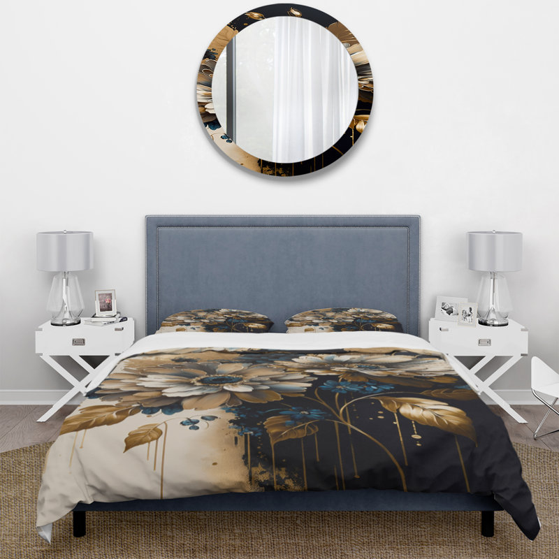 Ensemble de housse de couette à motif de marguerites bleues et bleues - bleu et doré
