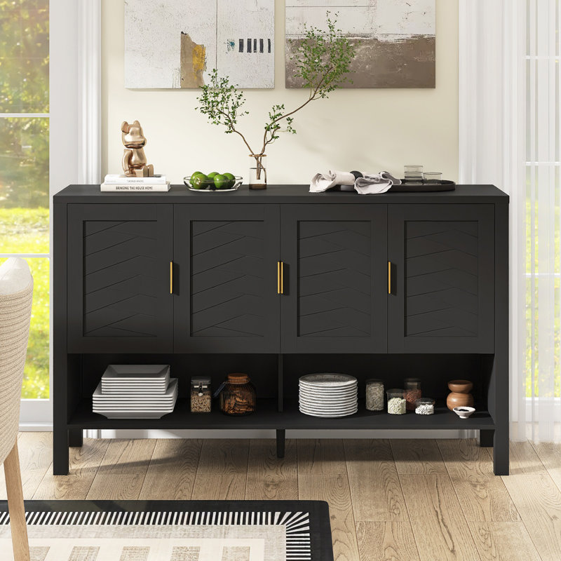 Buffet moderne de 55 po de largeur avec tablettes réglables et crochets doubles, Noir