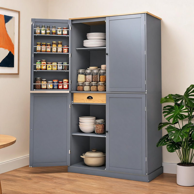 Simple armoire de plancher grise équipée de deux tiroirs, de deux planches réglables et de huit tablettes de porte, parfaites pour la cuisine à domicile