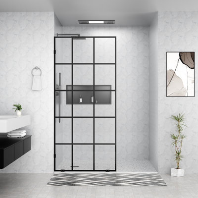 36 In. W x 78 In. H Framed Fixed Glass Shower Door, Matte Black, French Grid Design, Nano-Coated Tempered Glass