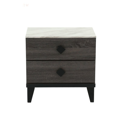 Table de chevet en bois deux tons avec 2 tiroirs spacieux, pieds noirs et poignées rhombiques pour les chambres à coucher modernes