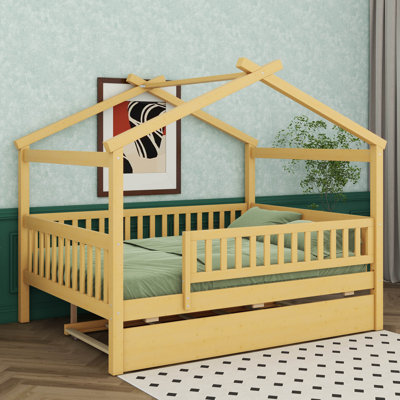 Lit double en bois avec lit gigogne et toit, lit plateforme avec tête de lit et pied de lit pour enfants