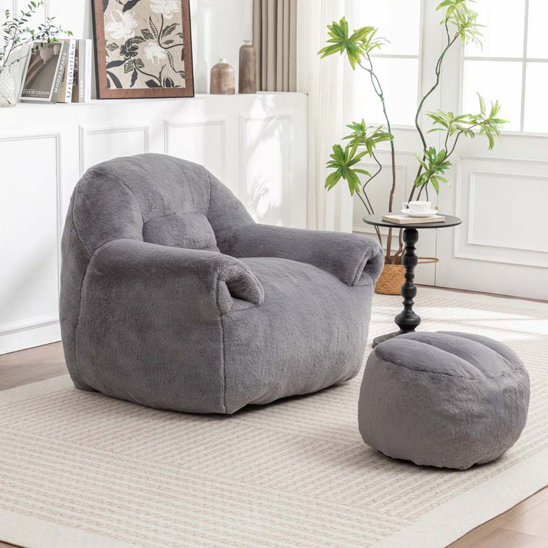 Faux Fur Bean Bag Chair With Ottoman, Gray