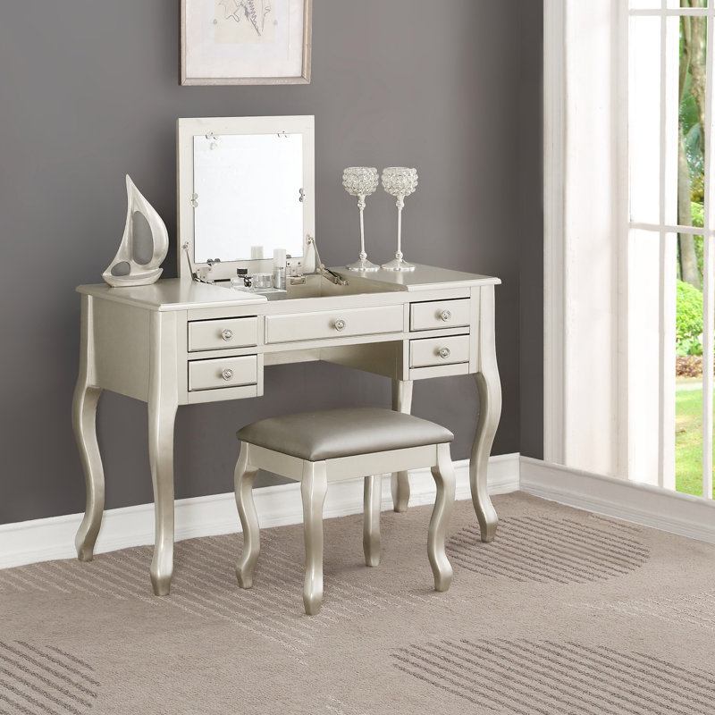 Classic Vanity Set W Stool Silver Color Drawers Open-Up Mirror Bedroom Furniture Unique Legs Cushion Seat Stool Vanity