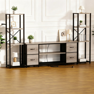 Meuble télé à DEL avec bibliothèque et station de charge pour téléviseur 65 60 55 pouces, centre de divertissement avec lumières RVB et tiroirs, console média industrielle pour le salon, la chambre et le bureau, Greige