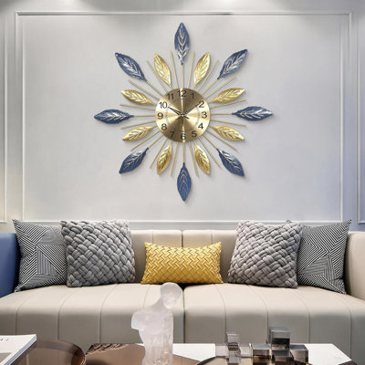 24 Inch Large Wall Clock With Modern Metal Leaf Design, Silent Non-Ticking, Blue Gold 3D Decorative Clock For Living Room, Bedroom, Kitchen, Office, 60Cm