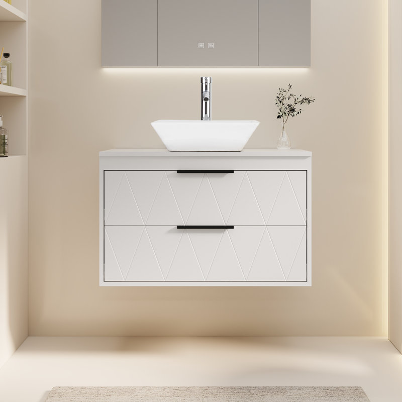 Sharee 30" Wall Mount Bathroom Vanity With Vessel Sink, White, Rectangular