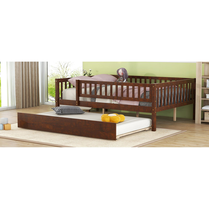 Lit de jour double avec gigogne et garde-corps robustes, garde-corps coulissant en noyer, Full, Walnut
