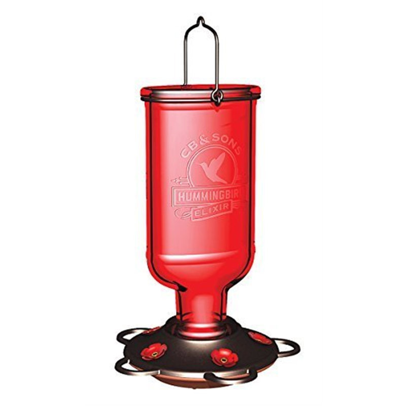 Vintage Red Glass and Metal Hummingbird Nectar Feeder, 13 oz