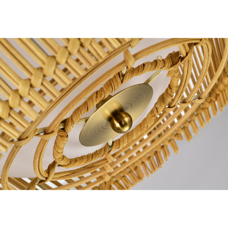 15" Brass and Woven Rattan Globe Pendant Light with Frosted Glass Shade