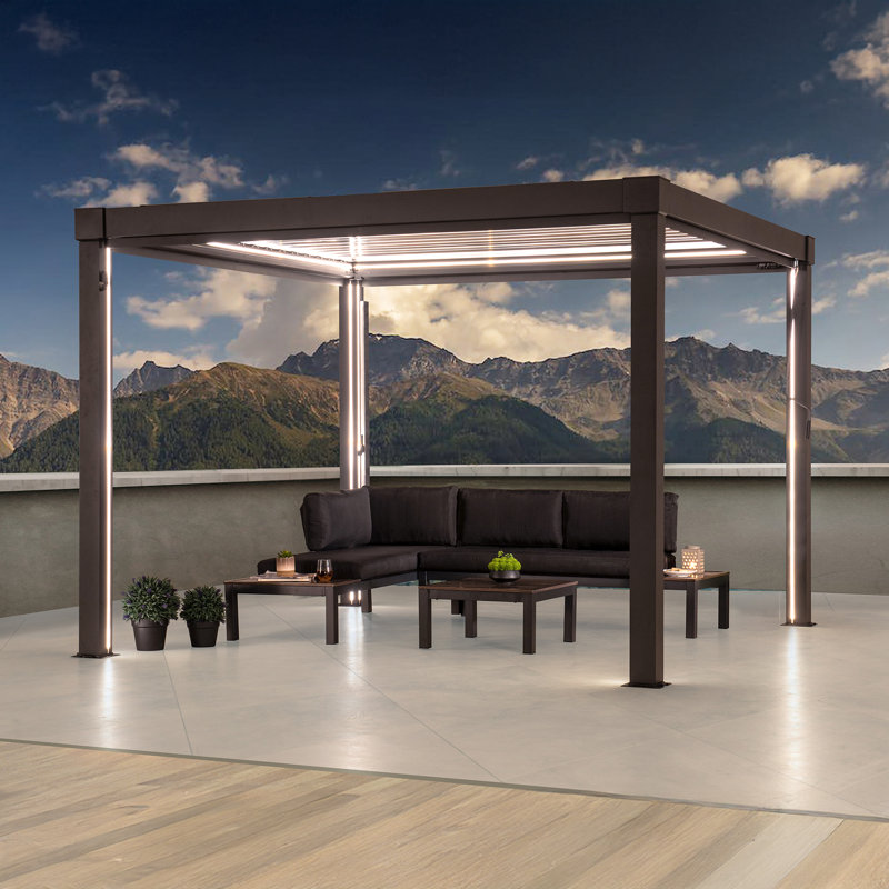 Sunjoy 3m x 3m or 3m x 4m Electric Louvered Pergola with Solar LED Lights, Remote Weatherproof Adjustable Rainproof Aluminum Hardtop Gazebo, with Drainage System, Water and UV Proof