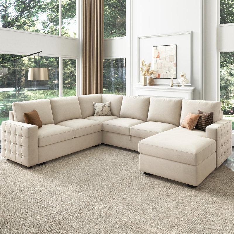 Chasidi U-Shaped Sectional Sofa Bed Pull Out Sleeper Couch With Storage Chaise, Beige Velvet