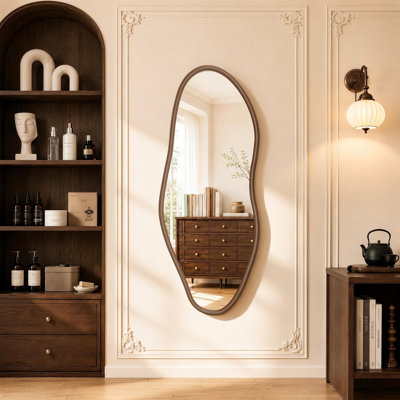 Organic Full Length Mirror With Walnut Solid Wood Frame, Asymmetrical Decorative Wall Mirror For Bedroom, Entryway, Living Room & Dressing Room