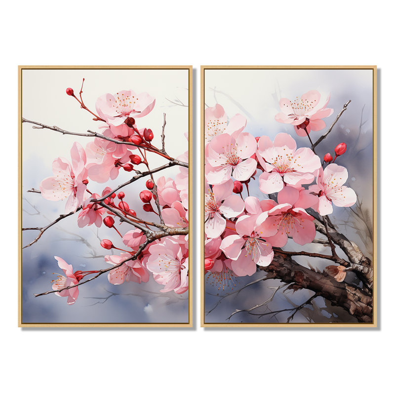 «Signe China Art Cherry Blossom - Blue Global Wall Art», ensemble de 2, H 36 po x l 48 po, Crème