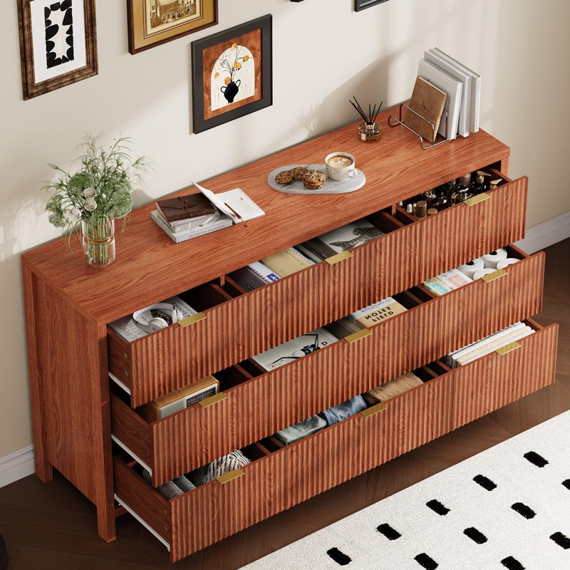 Commode cannelée en bois Mid-Century, Noyer
