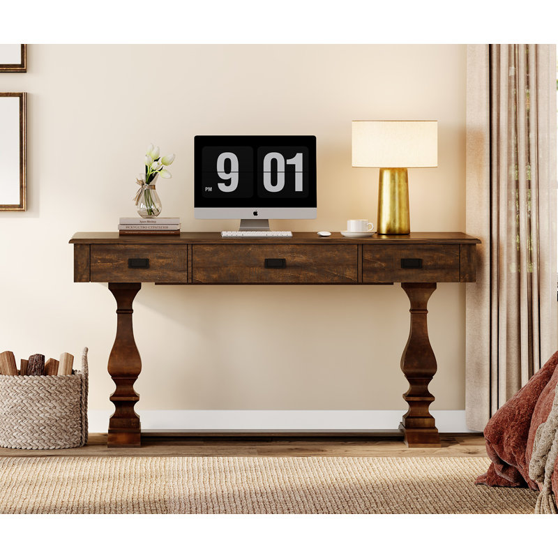 Laziza 60-inch Vintage Executive Desk with Charging Station,  featuring T-Style Solid Wood Legs with Anti-slip Tips,3 Deep Drawers and Ergonomic Scalloped Edges