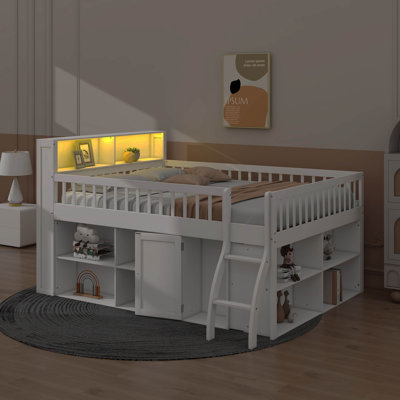 Full Size  Wood Loft Bed Frame With Storage Headboard And LED Light, Low-Profile Loft Bed With Built-In Storage