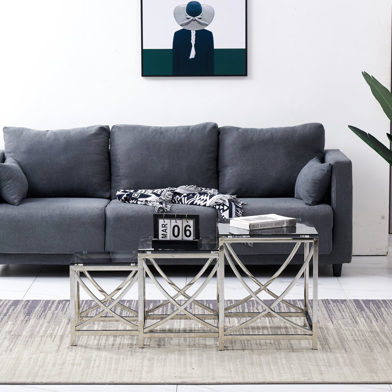 Darrie Stainless Steel Nesting Tables With Tempered Glass Top Set of 3 For Living Room (Curve), Chrome/Black Grey